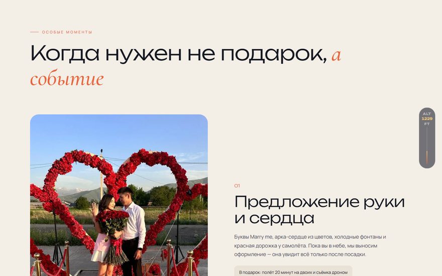 Блок особых моментов на сайте BaggyDrom: предложение руки и сердца у самолёта